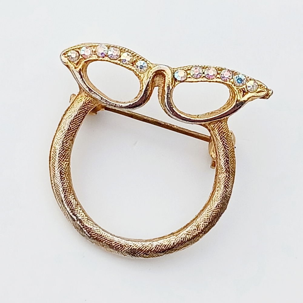 Cat Eyeglasses Pin Brooch AB Goldtone 1 Inch READ